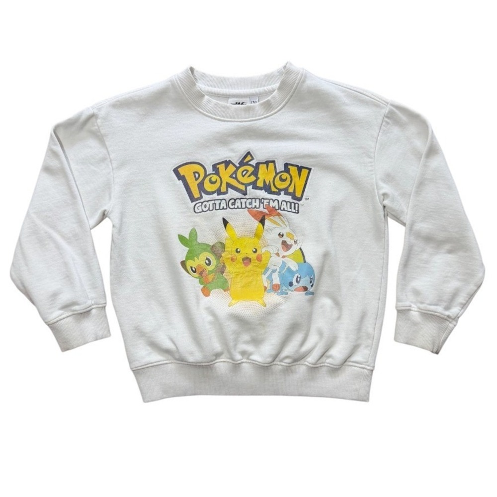 Pokemon Kids White Pikachu Scorbunny Graphic Crewneck Pullover Sweatshirt 130/M